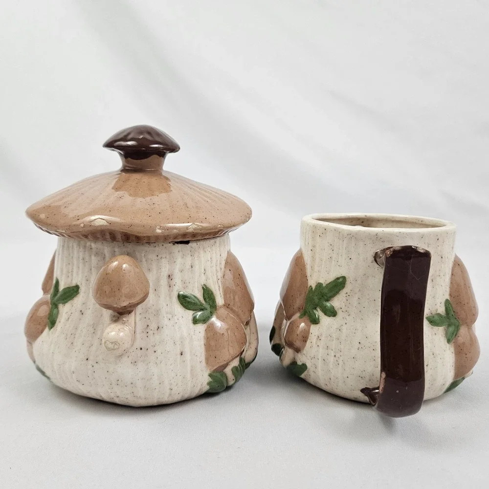 Arnel's Sugar & Creamer Set 3D Mushroom Ceramic 1970's Vintage MCM Kitschy Retro
